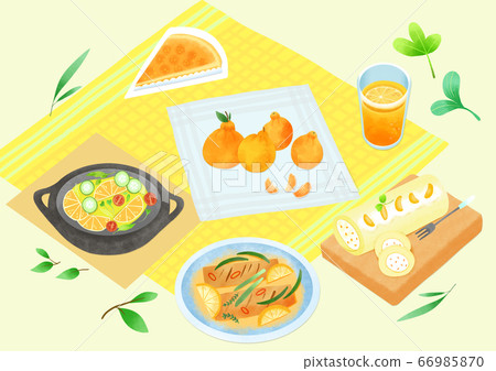 Spring picnic with different food on blanket illustration 007 66985870