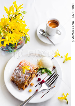 Apple strudel with vanilla ice cream and coffee, Apple strudel with vanilla ice cream and coffee, 66987080