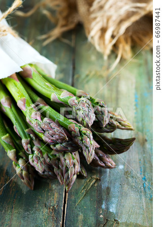 Freshly picked natural organic asparagus bunch on Freshly picked natural organic asparagus bunch on 66987441