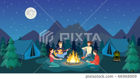 Group of young people are sitting around campfire Group of young people are sitting around campfire 66988009