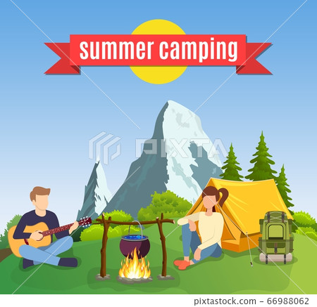 Group of young people are sitting around campfire Group of young people are sitting around campfire 66988062