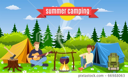 Group of young people are sitting around campfire 66988063