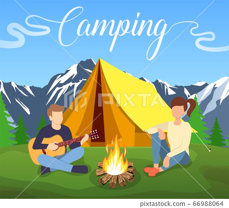 Group of young people are sitting around campfire Group of young people are sitting around campfire 66988064