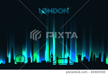 Neon London skyline detailed silhouette, vector 66989300