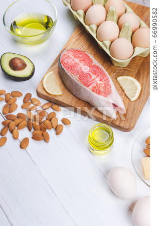 Keto diet, low carb healthy food on white Keto diet, low carb healthy food on white 66990582