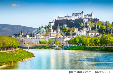 Beautiful view of Salzburg skyline with Festung Hohensalzburg in summer, Austria 66992205