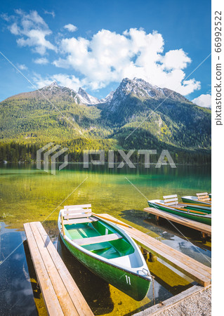Boats at Hintersee lake in summer, Bavaria, Germany 66992522