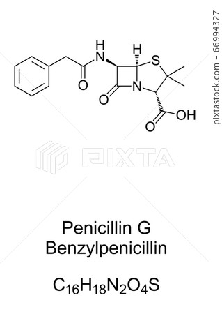 Benzylpenicillin, chemical structure and skeletal formula of penicillin G. Antibiotic used to treat a number of bacterial infections, given by injection into a vein or muscle. Illustration. Vector. 66994327