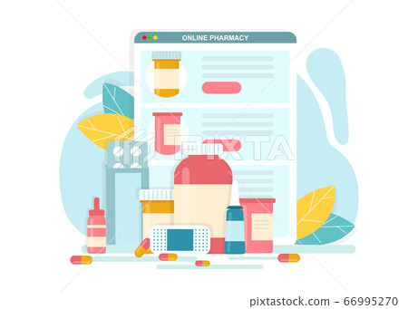 Online Pharmacy. Vector Illustration Of Different Pills And Supplements And Digital Tablet 66995270
