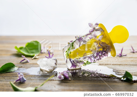spring ice cream with lilac flowers, wooden background 66997032