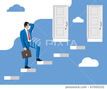 Businessman standing in front of two closed doors. 67000202