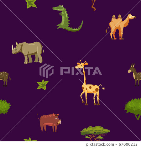 Animals Africa rhinoceros giraffe donkey crocodile boar camel seamless pattern. Vector illustration cartoon style 67000212