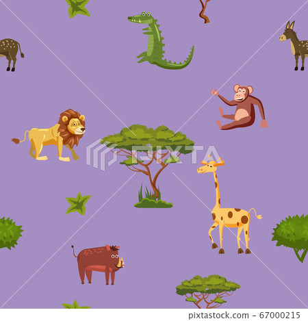 Animals Africa lion giraffe monkey crocodile boar seamless pattern. Vector illustration cartoon style 67000215