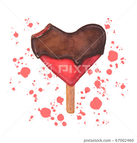 Watercolor ice cream. Bitten heart shaped chocolate red icecream. Watercolor ice cream. Bitten heart shaped chocolate red icecream. 67002460