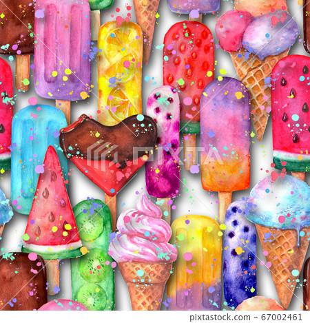 Watercolor hand drawn retro style multicolor ice cream seamless pattern. 67002461