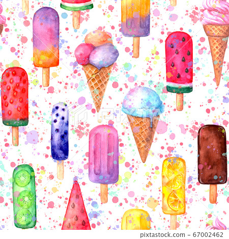 Watercolor hand drawn retro style multicolor ice cream seamless pattern. Watercolor hand drawn retro style multicolor ice cream seamless pattern. 67002462