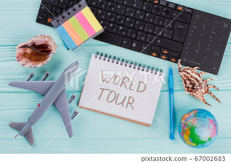 Set of various accessories airplane seashells globe for vacation travel. Set of various accessories airplane seashells globe for vacation travel. 67002683