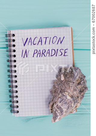 Close-up notepad with words vacation in paradise and tropical sea shell on blue desk. 67002687