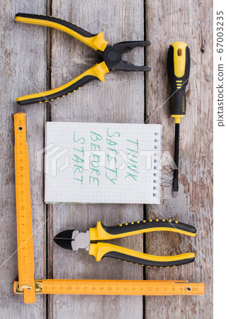 Think safety before start slogan and constructor accessories. Think safety before start slogan and constructor accessories. 67003235