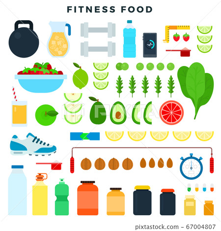 Sport equipment flat vector illustrations set. Fitness Stock