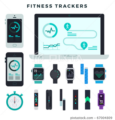 Fitness trackers of various types, set. Fitness wristbands, smart watches, mobile and web apps to track your activity. Flat vector illustration 67004809
