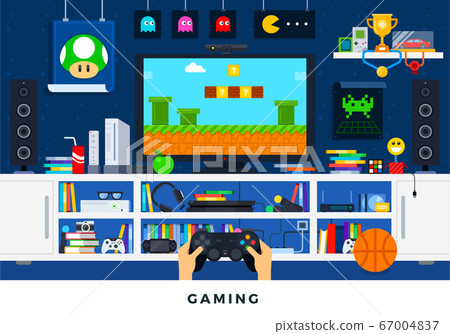 Interior of gamer room. Vector flat illustrations. Modern e-sports concept. Interior of gamer room. Vector flat illustrations. Modern e-sports concept. 67004837