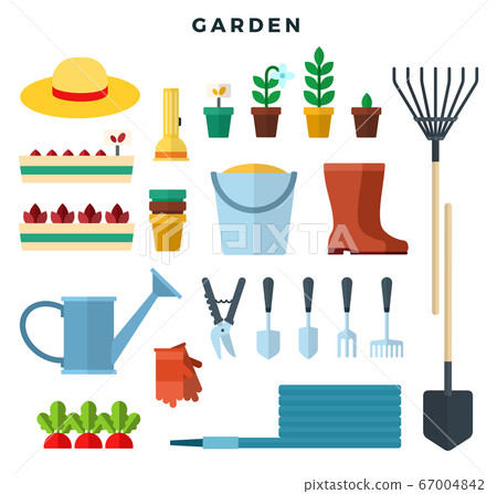Gardening tools and equipment, flat icons set.... - Stock Illustration ...
