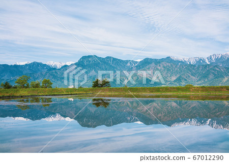 稻田，白色汽車和北阿爾卑斯山[初夏的安zu野] 67012290
