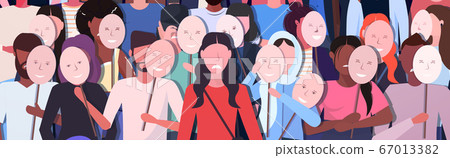 people crowd holding positive masks men women group covering face emotions behind masks depression 67013382