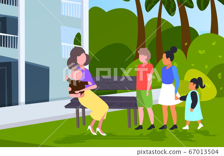 parents with children discussing during meeting people walking outdoor communication concept 67013504