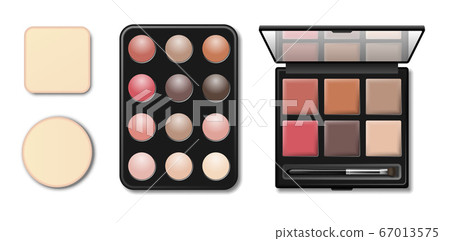 Eyeshadow makeup shaping palette. Realistic 3d black plastic case with eyeshadow and eyebrow brush applicator isolated on white. Top view. Vector 67013575