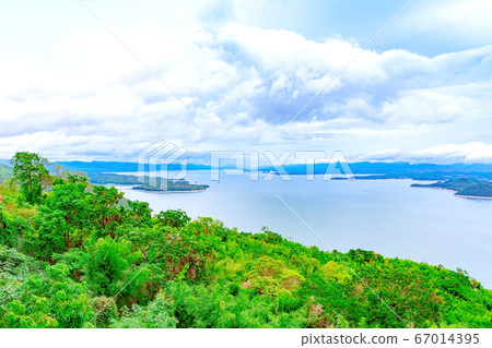 Beautiful scenery views of nature with a large reservoir above the Srinagarind Dam at Rai Ya Yam in Si Sawat District, Kanchanaburi Thailand. 67014395