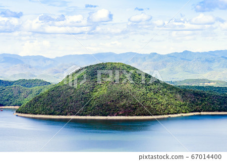 Beautiful scenery views of nature with a large reservoir above the Srinagarind Dam at Rai Ya Yam in Si Sawat District, Kanchanaburi Thailand. 67014400