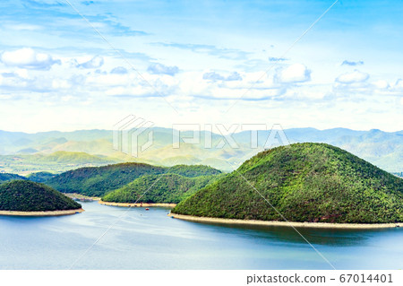 Beautiful scenery views of nature with a large reservoir above the Srinagarind Dam at Rai Ya Yam in Si Sawat District, Kanchanaburi Thailand. 67014401