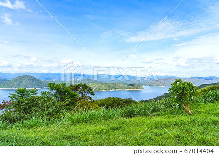 Beautiful scenery views of nature with a large reservoir above the Srinagarind Dam at Rai Ya Yam in Si Sawat District, Kanchanaburi Thailand. 67014404