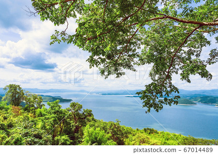 Beautiful scenery views of nature with a large reservoir above the Srinagarind Dam at Rai Ya Yam in Si Sawat District, Kanchanaburi Thailand. Beautiful scenery views of nature with a large reservoir above the Srinagarind Dam at Rai Ya Yam in Si Sawat District, Kanchanaburi Thailand. 67014489