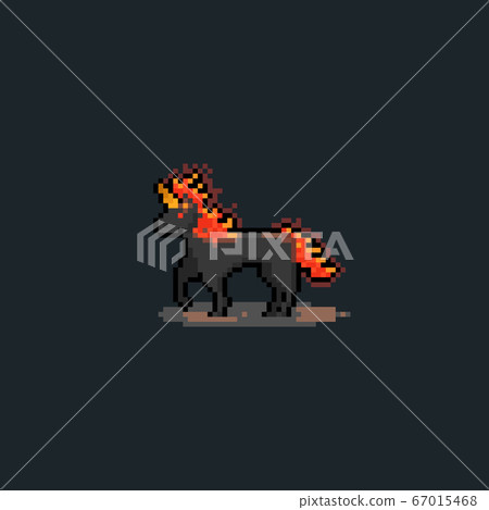 Pixel art cartoon dark fire unicorn character. 67015468