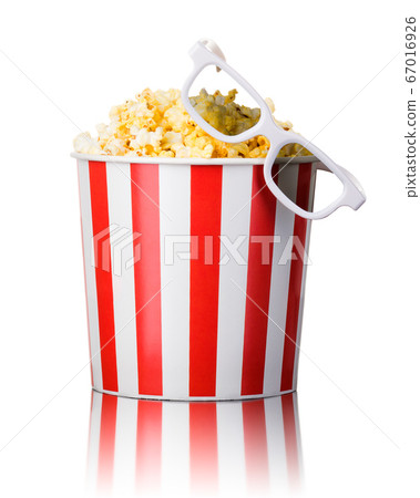 Paper striped bucket with popcorn and 3D glasses 67016926