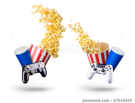 Paper bucket with popcorn, cup of drink and video 67016929