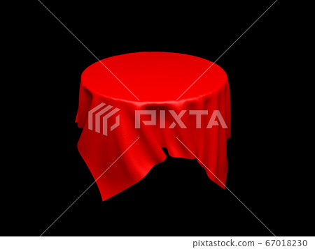 Red tablecloth on invisible round table. On black background 67018230