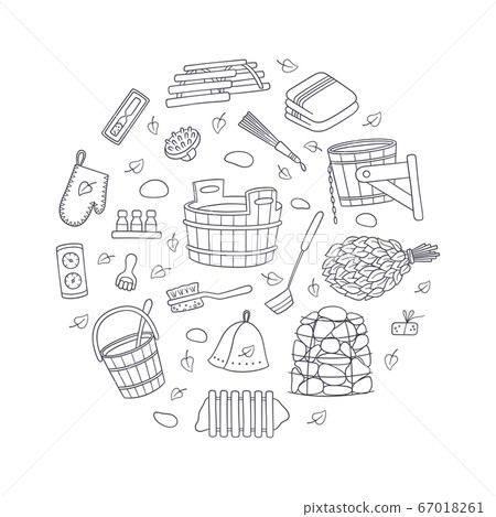 Set of hand drawn bathhouse and sauna accessories. Tub and birch broom, pot holder and hat, thermometer, massager and other. Vector illustration 67018261