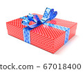 Gift box. Red box decorated with blue bow 67018400
