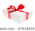 Gift box decorated with shiny red ribbon. 3d rendering illustration 67018424