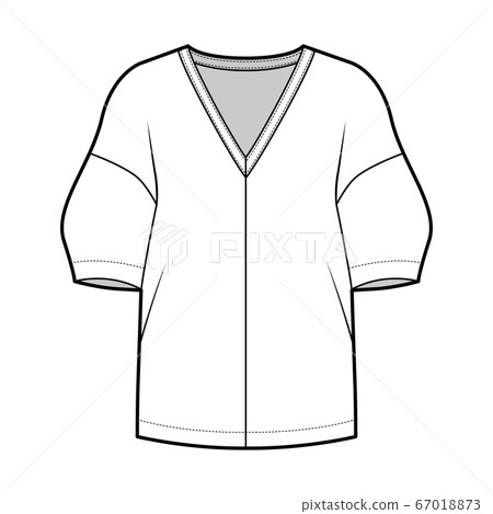 Blouse technical fashion illustration with deep V neck, dropped shoulders and side slits elbow sleeves, loose silhouette 67018873