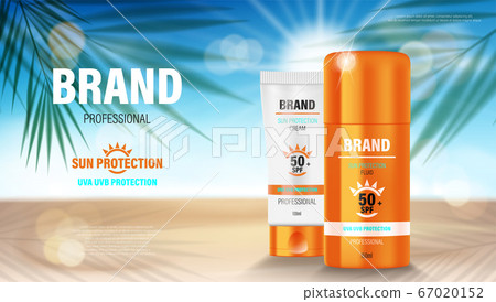 Sun protection, sunscreen and Sunblock ads template. Cosmetic products design. Face and body lotion with UV protection on palm beach summer background. Sunblock vector illustration 67020152
