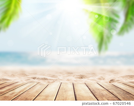 Wooden table top on blue sea and white sand beach 67020546