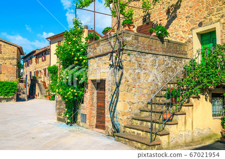 Tuscany street and rustic stone houses decorated with roses, Monticchiello Tuscany street and rustic stone houses decorated with roses, Monticchiello 67021954