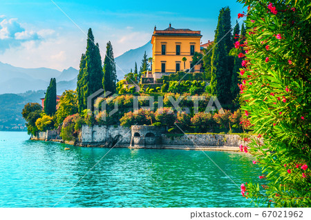 Picturesque gardens and holiday villas with lake Como, Varenna, Italy 67021962