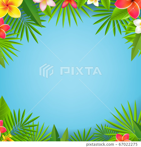 Tropical Leaves And Flowers With Blue Background - Stock Illustration ...