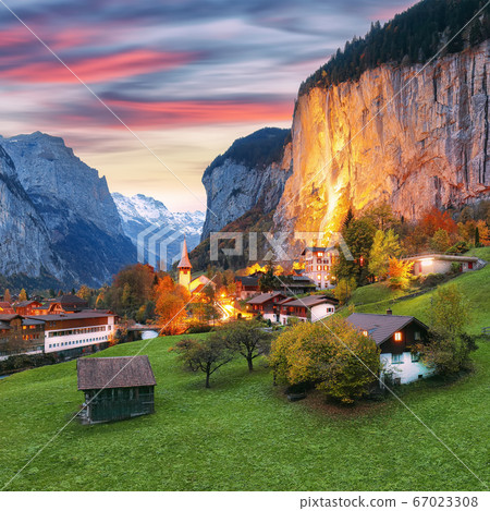 Dramatic autumn view of Lauterbrunnen valley with Dramatic autumn view of Lauterbrunnen valley with 67023308